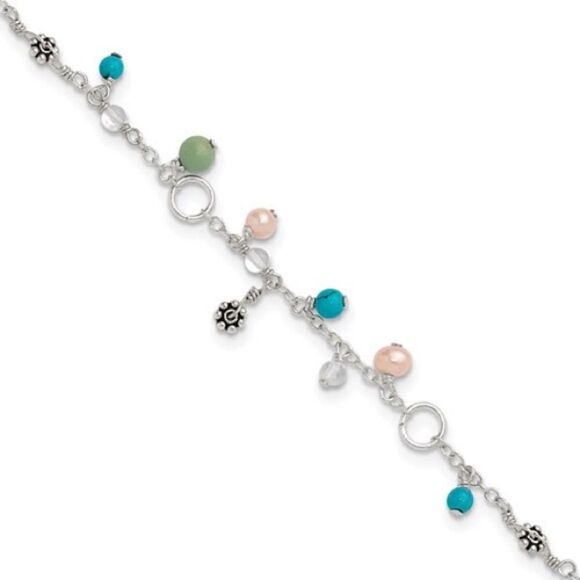 Sterling Silver Turquoise/Clear Bead/FW Cultured Pearl Anklet, NWT - Picture 4 of 4